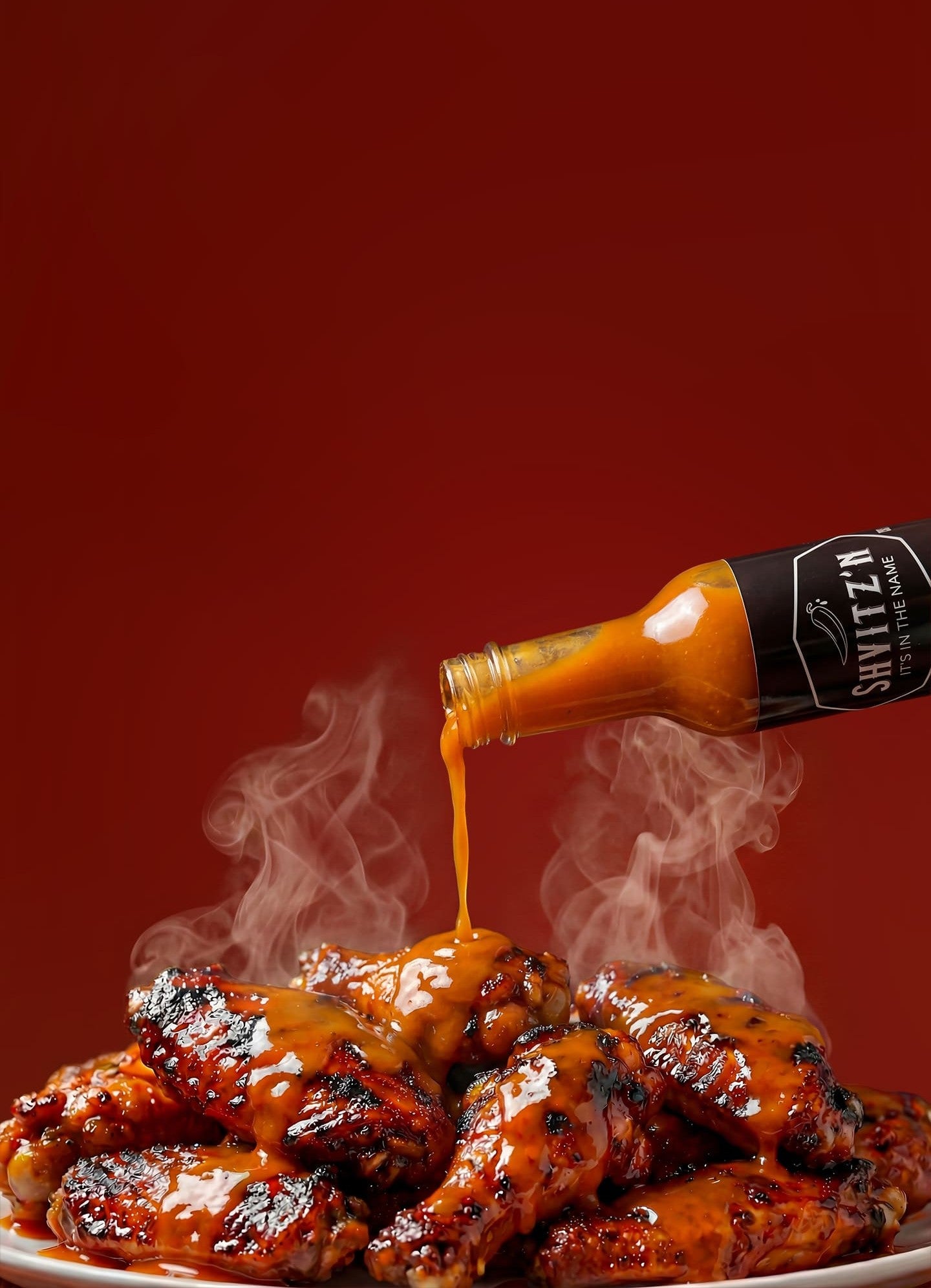 SHVITZN hot sauce drizzled over crispy wings 
